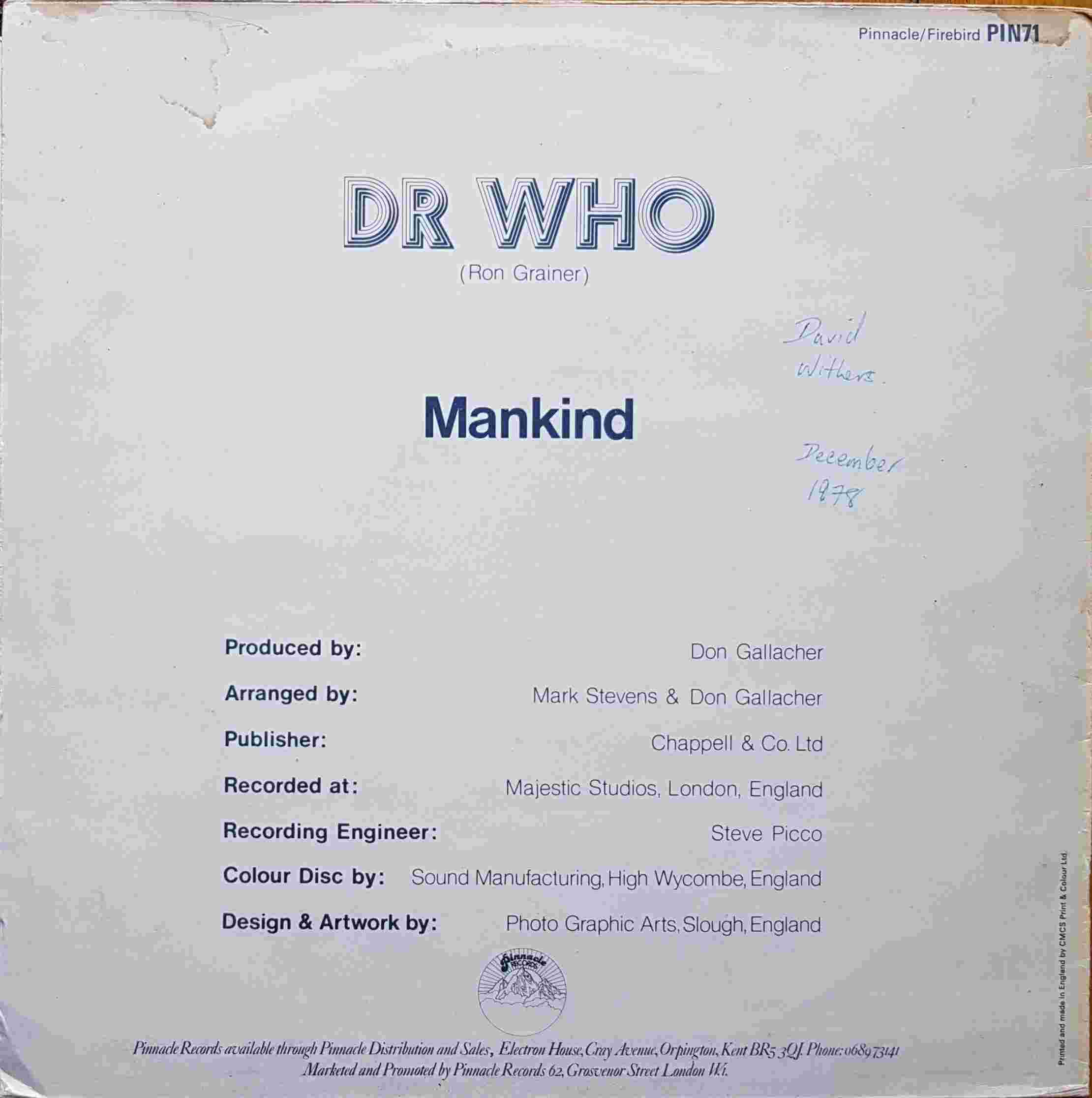 Picture of PIN 71-12 Doctor Who (Cosmic remix) by artist Ron Grainer / Mark Stevens / Mankind from the BBC records and Tapes library